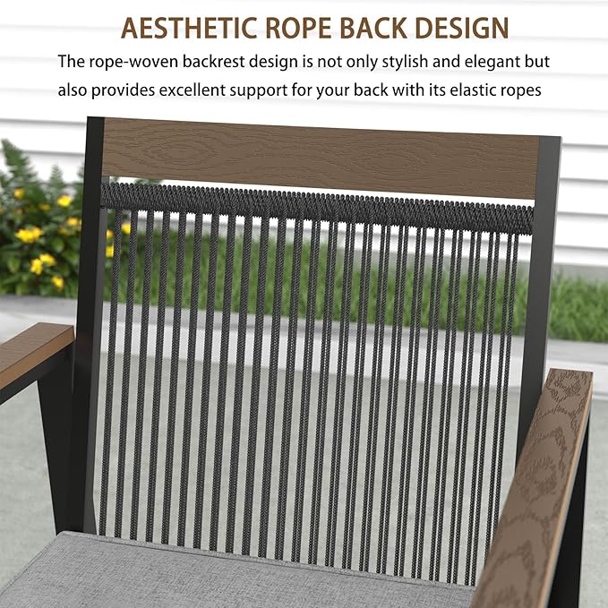 Set of 2 Outdoor Dining Chairs – Ergnomic Patio Seating with Handwoven Rope Design and Soft Cushions for Patio, Backyard, Poolside, Balcony – 350lb Weight Capacity