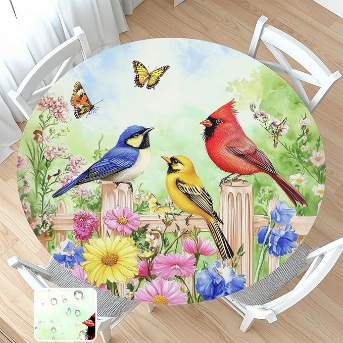 Spring Birds Floral Round Fitted Tablecloth with Elastic Colorful Flower Butterfly Circle Table Cloth for 44-48" Round Tables Wipeable Waterproof Farmhouse Easter Table Cover for Outdoor Picnic Dining