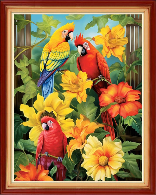 DMCVIVR Stamped Cross Stitch Kits for Adults Beginners Embroidery Kits 11CT Needlepoint Kits Cross Stitch Patterns Embroidery Patterns-Parrot Flowers 16x20 inch