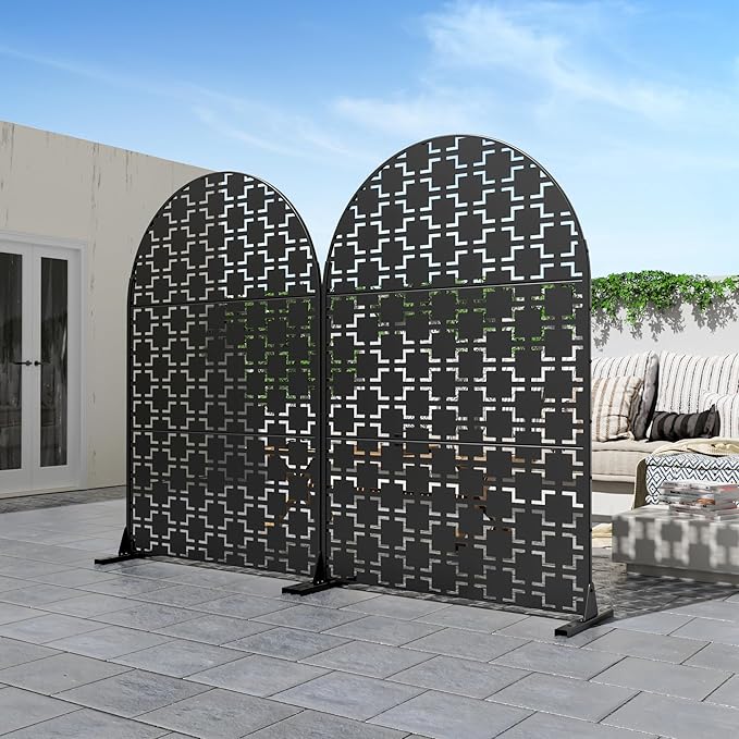 Casaphoria 72" H x 47" W Arched Metal Privacy Screen - Elegant Freestanding Outdoor Screen for Deck, Patio & Balcony - Versatile Decorative Privacy Panels for Home & Garden Use (Black-Square)