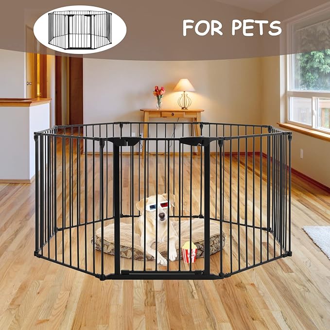 AUXSOUL 196" Extra Wide Baby Gate Metal Safety Playpen - Fireplace Fence for Toddler/Pet/Dog, Max Length 196", 8-Panel (30" H, Black)