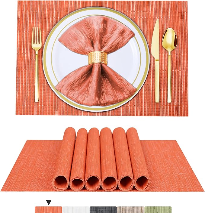 BETEAM Placemats Set of 6, Woven Vinyl Placemat for Dining Table Washable Wipeable Kitchen Place Mats Durable Indoor Outdoor Table Mats