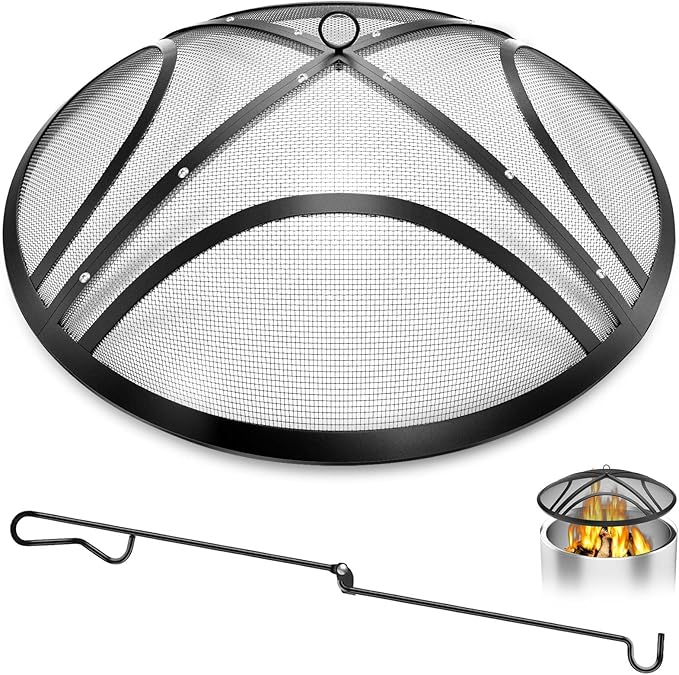 Fire Pit Spark Screen, Upgraded 22 Inch Outdoor Fire Pit Screen with Handle & Poker, Heavy-Duty Steel Fire Pit Cover Round Mesh Replacement Firepit Screen for Backyard/Beach/RV Camping