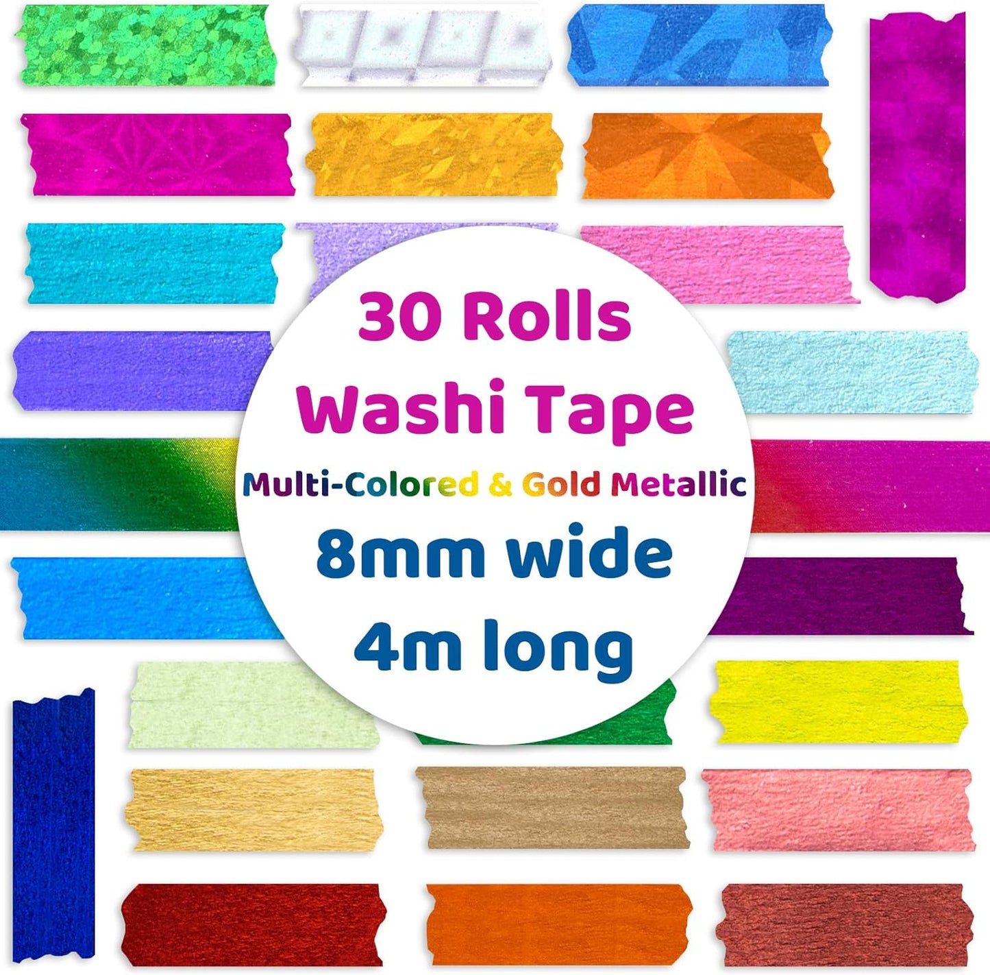 30 Rolls Washi Tape,Multi-Colored & Gold Metallic Washi Masking Tape - 8mm x 4m Rainbow Paper Tape for DIY Crafts (Mix)