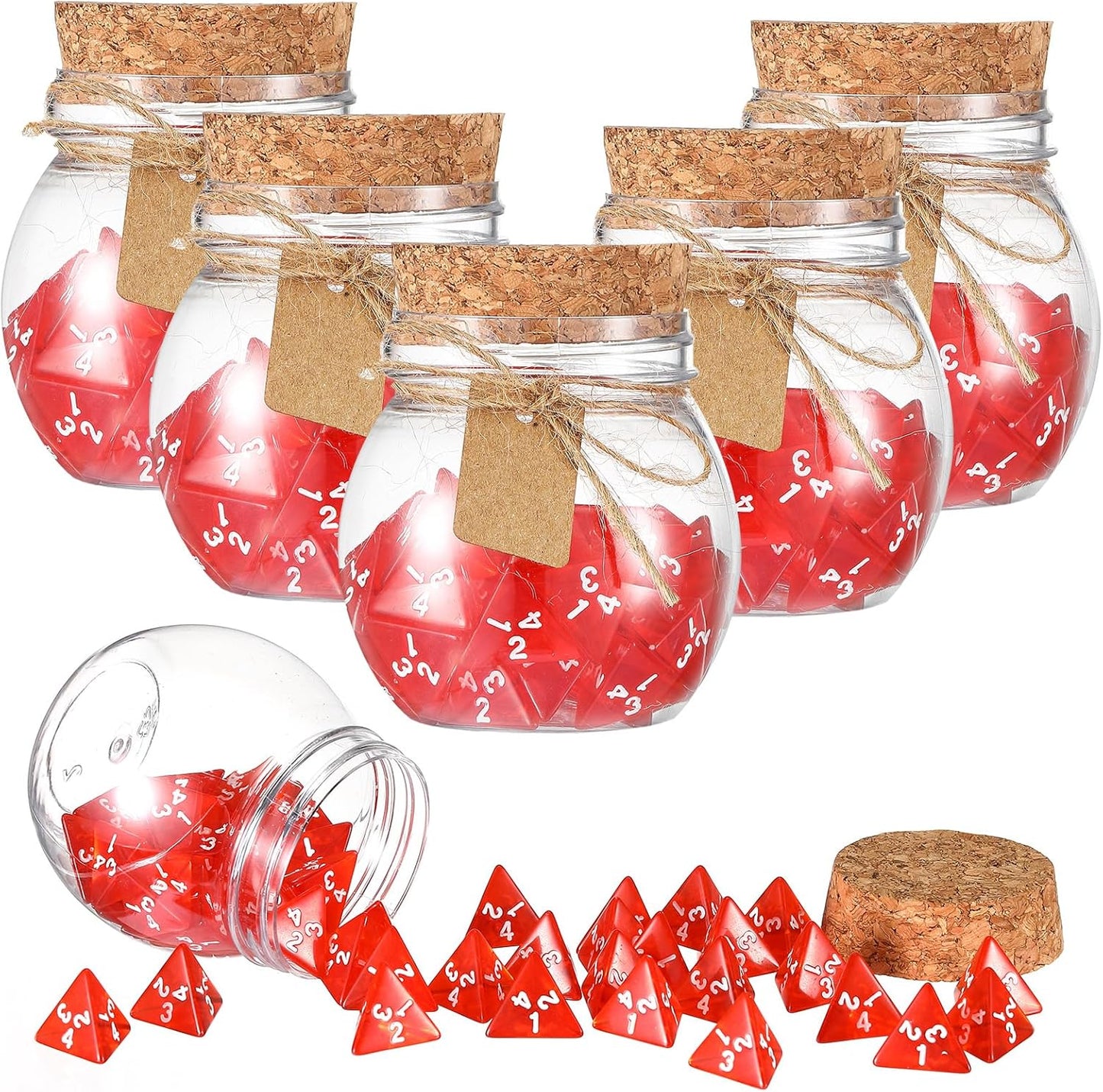 Wettarn 120 Pcs Transparent Red D4 Dice6 Pcs Pot Bottles Plastic Favor Jars with Cork Lids Healing Potion Bottles Polyhedral Dice Set for Party Favors Table Games(Ball Style)