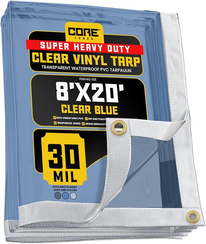 Core Tarps 30 Mil Extreme Heavy Duty Clear Tarp with Gromments - 8x20ft Super Clear Tarps Heavy Duty Waterproof Vinyl Tarpaulin, Transparent Tarp for Outdoor, Camping & Construction, Clear Blue