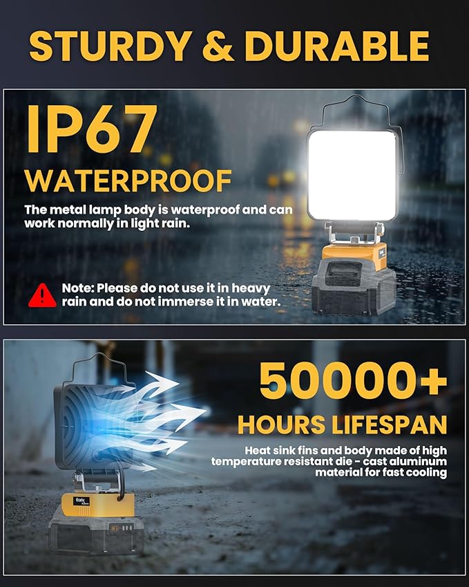 Ecarke 20V Cordless LED Work Light Compatible with DeWALT Batteries: 70W 7000LM Flashlight with Low Voltage Protection, 20V Tools Flood Light for Job Site, Construction & Camping, Battery Not Included