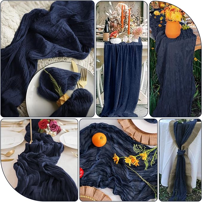 20 Packs Cheesecloth Table Runner 10FT Long Boho Gauze Fabric Table Runner Vintage Rustic Sheer Runners for Wedding Party Bridal Baby Shower Table Decorations (Navy Blue )