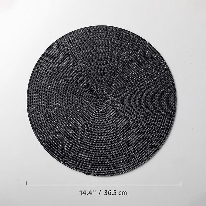 Round Placemats Set of 12 Plastic Woven Placemats Washable Wipeable Table Mats for Dining Table Heat Resistant Non-Slip Circle Place Mats (Black)