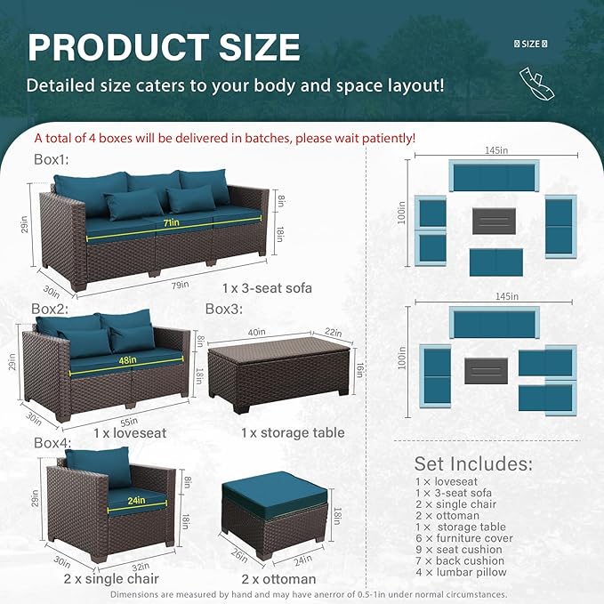 Patio Furniture Set 7-Piece Outdoor Patio Furniture with Storage Table Outdoor Couch Patio Chairs Outdoor Conversation Set with Non-Slip Cushions Waterproof Covers, Peacock Blue