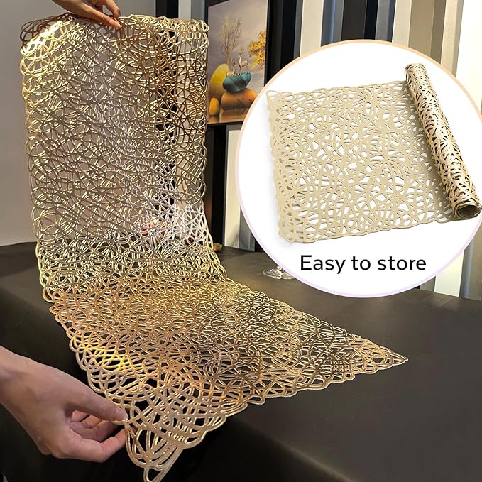 FAVE Gold Table Runners 36 Inches Heat Resistant Table Runner Flower Shaped Short Table Runner Washable Table Mats FallTable Runner for Wedding, Banquet, Birthday, Party, Restaurant (Line Pattern )
