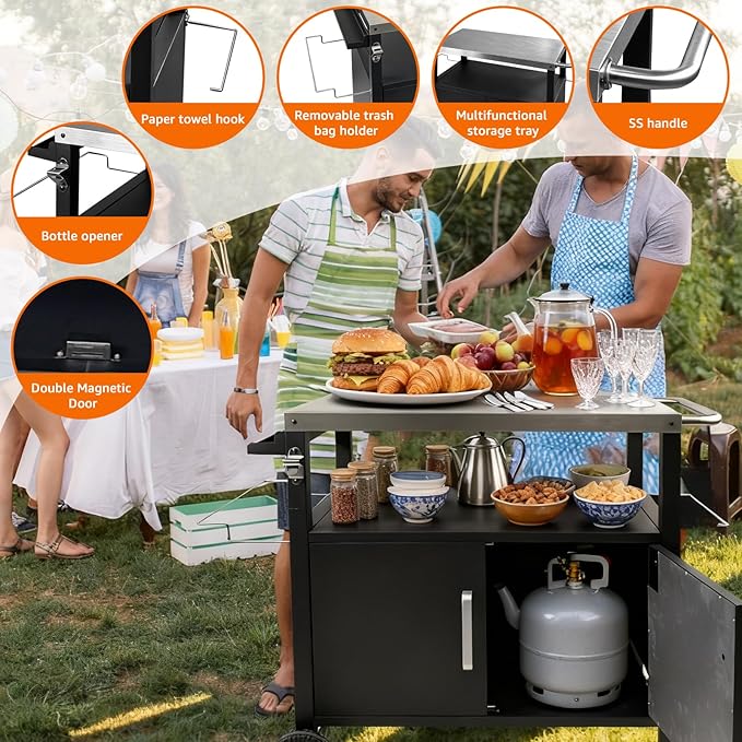 Dining Cart Table with Big Storage Cabinet - Movable Indoor Outdoor Kitchen Island, Multifunctional BBQ Grill Table & Pizza Oven Stand for Food Prep