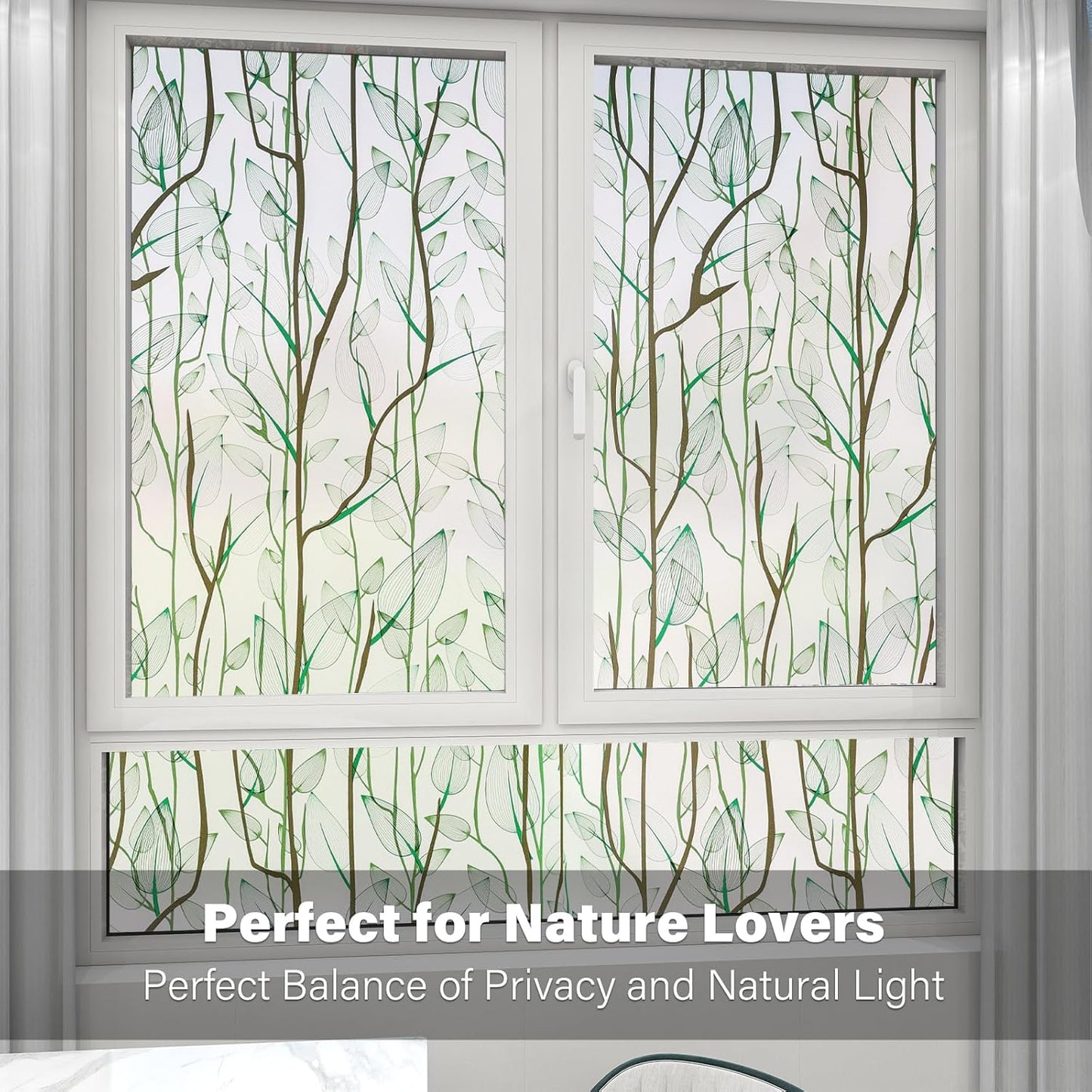 Donox Frosted Glass Window Film Heat Control UV Blocking, Static Cling Reusable Home Bathroom Door Window Privacy Film, Green Leaf Pattern Window Covering with Installation Tool, 17.5 in x 6.5 feet