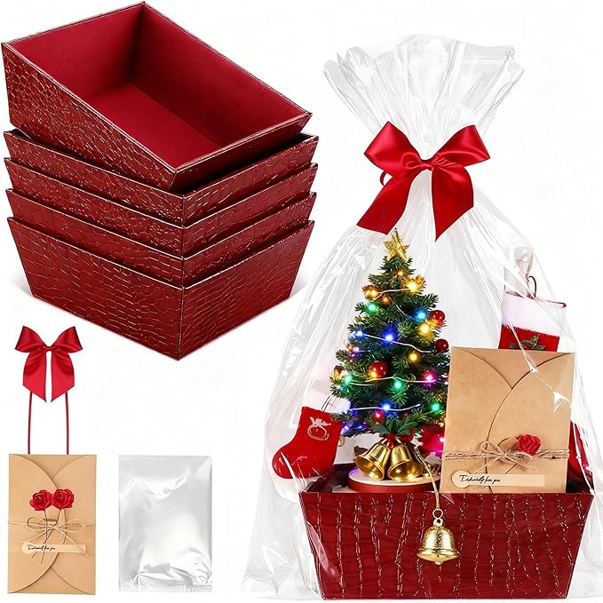 Wonderjune 20 Pcs Valentines Day Gift Baskets Empty To Fill Baskets For Gifts Empty With Gift Bag Bow Valentines Gifts Storage Basket Bulk for Wedding Party Wrapping(Wine Red)