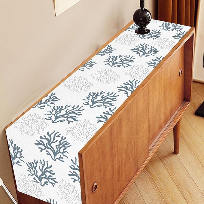 Coastal Table Runner, Summer Seasonal Beach Coral Nautical Tropical Ocean Marine Farmhouse Rustic Coffee Table Center Decor for Home Kitchen Dining Patio Indoor Outdoor Table Decoration, 13"x72" Inch