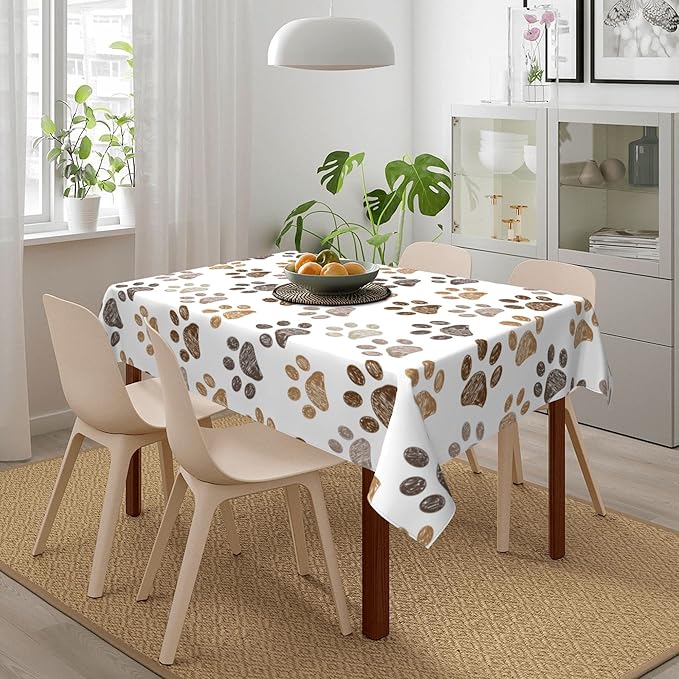 Worltoldb Dog Paw Print Tablecloths - Polyester Rectangular Table Cover - 90" x 60" - White - Animal Print, Formal - All-Season - Water Resistant, Durable - Wedding