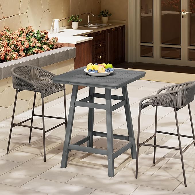 Costaelm Outdoor Bar Table, 37" Counter Height Square Patio Cocktail Bar Table with Umbrella Hole, Patio Bistro Dining Pub Table for Front Porch Deck Backyard Garden, Gray