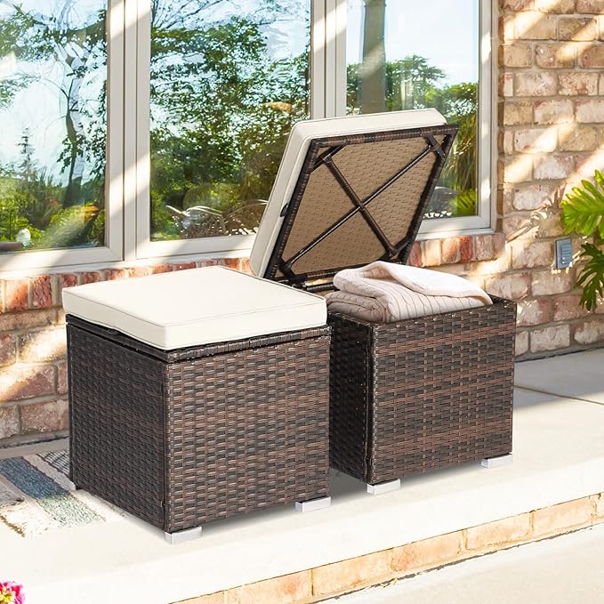Tangkula 2 Pieces Patio Ottomans, Patiojoy Hand-Woven PE Rattan Side Table with Removable Cushion & Hidden Storage Space, Multifunctional Storage Box, Seat for Patio, Backyard, Poolside (Off White)
