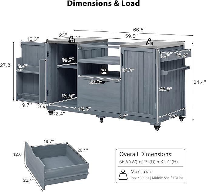 66.5" Outdoor Kitchen Island with Stainless Steel Top for Big Green Egg, Rolling Grill Cart with Adjustable Shelves, Lockable Wheels, Outdoor Table and Bar Storage Cabinet for Patio