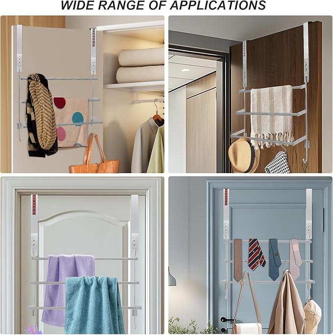 Over The Door Towel Rack, 304 Stainless Steel Towel Racks for Bathroom with 3-Tier Adjustable Pole, 2 Punch-Free Screw Stickers, 22.83 * 17.71-29.52 * 6.14 Inch, Silver