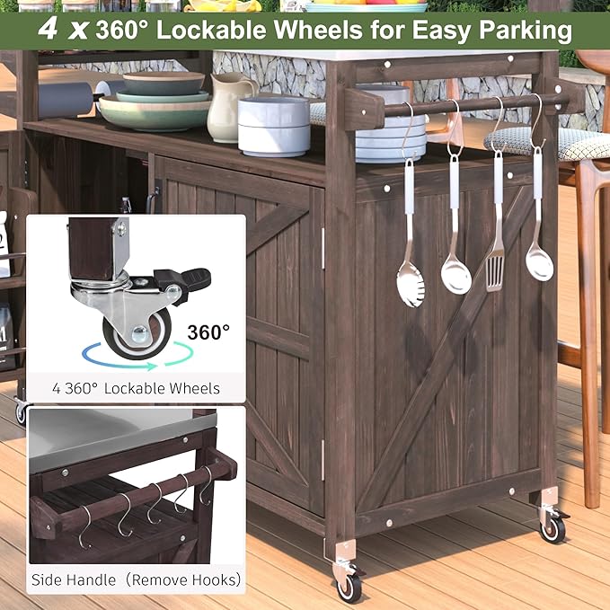 53.3" Outdoor Kitchen Island with Stainless Steel Top, Rolling Grill Cart with Adjustable Shelves, Raised Shelf, Lockable Wheels, Portable Outdoor Table and Bar Storage Cabinet for Patio