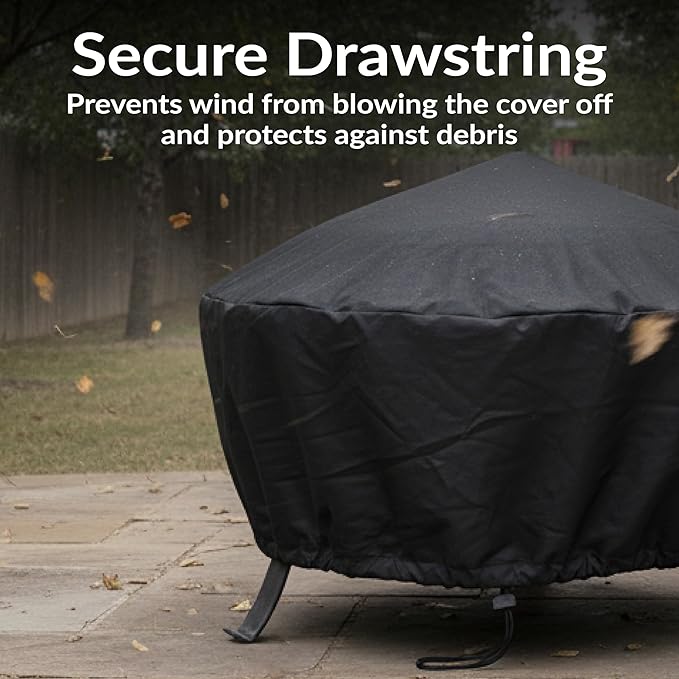 Sunnydaze Round Outdoor Fire Pit Cover - Heavy-Duty 300D Polyester and PVC with Drawstring Closure - Black - 40-Inch