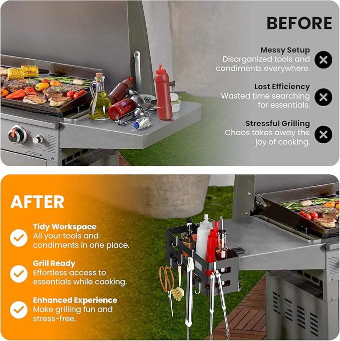 Griddle Caddy for Blackstone 28"/36" Griddles –Large BBQ Organizer with 6 J-Hooks, Paper Towel Holder, Ample Storage for Condiments & Tools – for Outdoor Cooking, Camping, and Grilling Essentials