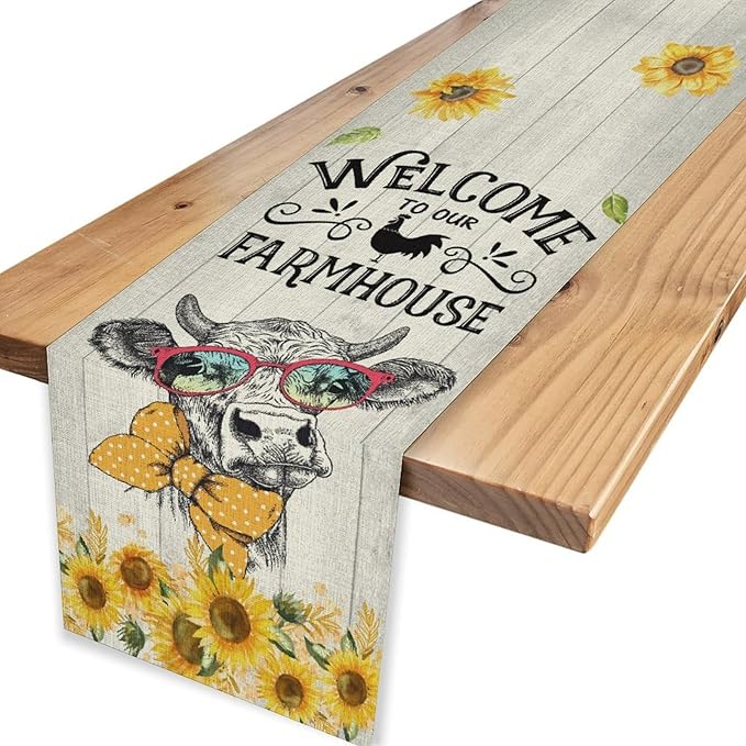 Farmhouse Cow Table Runner, Rustic Yellow Sunflower Floral Buffalo Animals Spring Coffee Farm Table Center Decor for Family Kitchen and Living Room Country Holiday Party Table Decorations, 13" X 36"