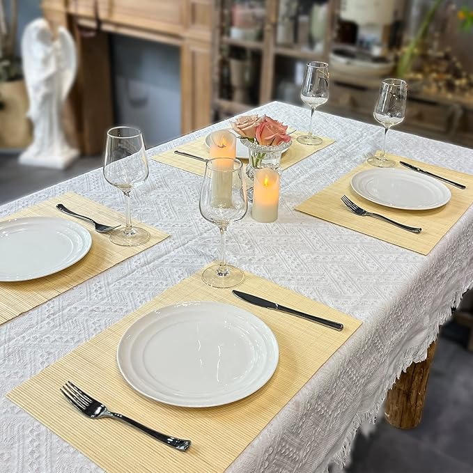 ANDSTAR Bamboo Placemats Set of 8 Waterproof - 12x18 Inch Reusable Table Mats for Dining, Eco-Friendly Heat Resistant Dishwasher Safe Kitchen Decor, Farmhouse Style Home Gift (Natural Color)