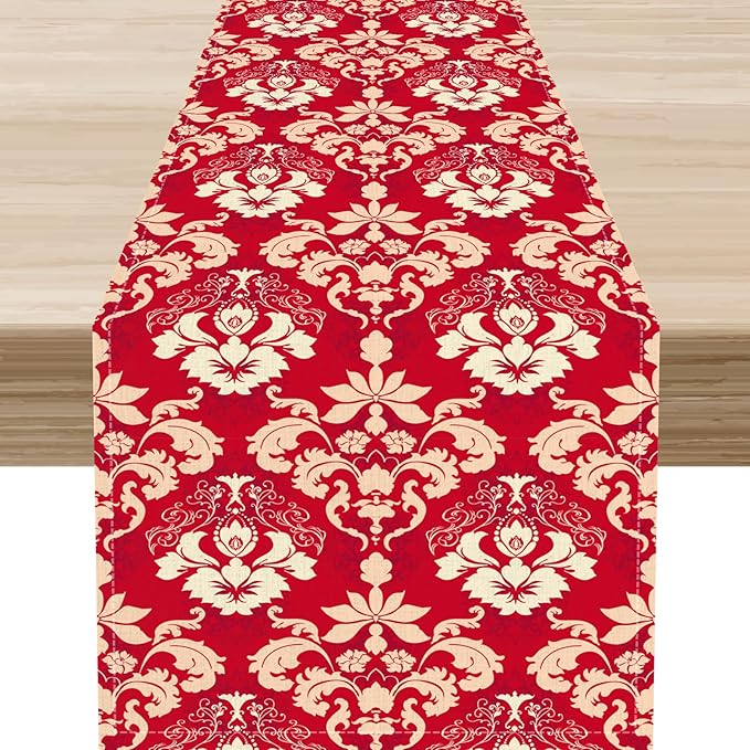 Damask Table Runner, Rustic Gothic Red Baroque Style Floral Boho Flower Antique Vintage Retro Coffee Table Center Decor for Kitchen and Dining Outdoor Home Country Party Table Decorations, 13"x90"