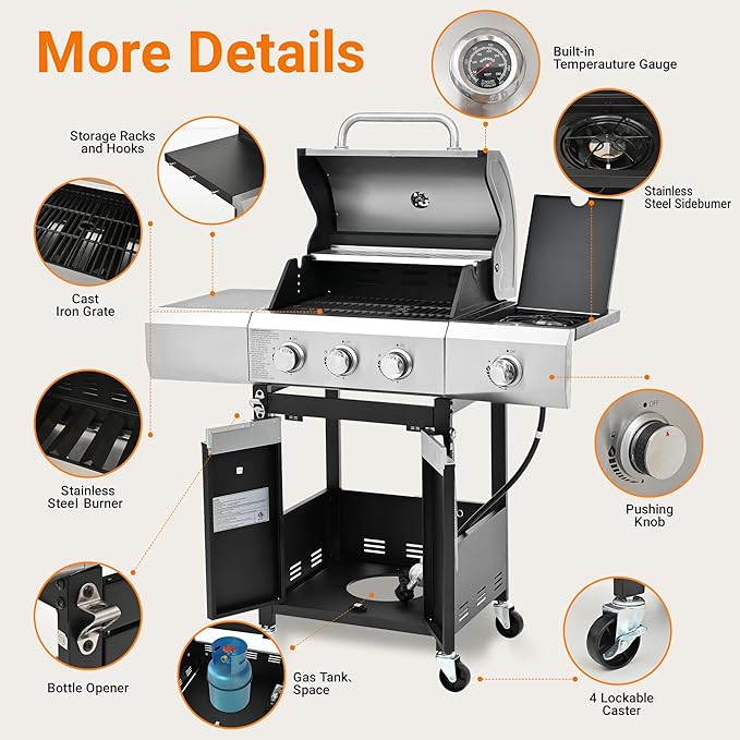 3 Burner Propane Gas Grill with Side Burner & Cover, Stainless Steel BBQ Grill, 40500 BTU Outdoor Gas Grill for Backyard, Patio, Camping & Outdoor Cooking