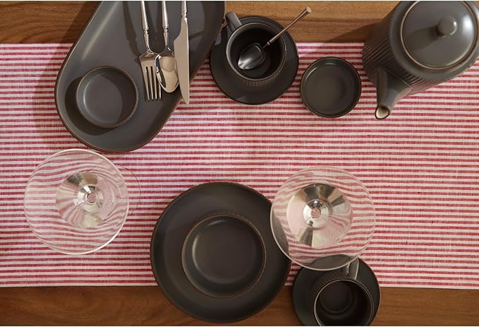 Solino Home Linen Table Runner 156 Inches Long - Narrow Stripe, 100% Pure Linen Red and White Table Runner 14 x 156 Inch for Dining, Valentines, Spring, Easter
