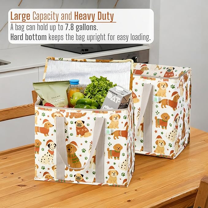 VENO 2 Pack Cooler Bag, Insulated Grocery Bags for Food Delivery, Collapsible Cooler, Reusable Shopping Bags for Groceries, Hard Bottom, Zippered, Foldable, Christmas Pattern (Holiday Pups, 2 Pack)