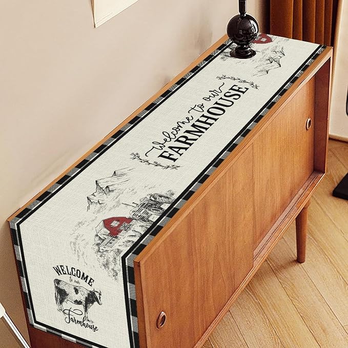 Farmhouse Table Runner, Rustic Country Barn Cottage Rooster Cow Check Animal Plank Coffee Table Center Decor for Home Kitchen Dining Patio Holiday Party Indoor Outdoor Table Decorations 13"x72"