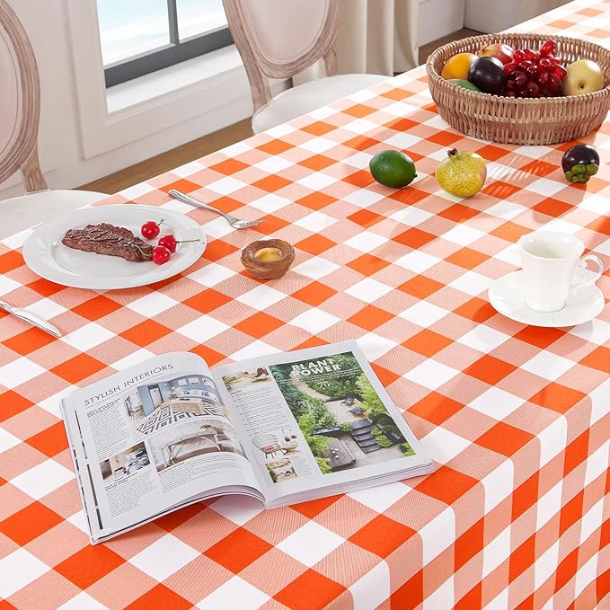 Softalker Gingham Checkered Tablecloth Square - Outdoor Waterproof Buffalo Plaid Table Cloth, Stain Resistant Washable Table Cover for Picnic, Camping, Dining - Orange and White, 54 x 54 Inch