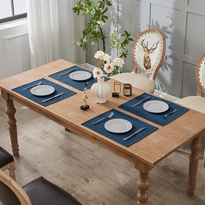 BALCONY & FALCON Placemats Set of 6 Faux Linen Cloth Place Mats Washable Waterproof Wrinkle Resistant Table Placemats for Dining Kitchen Farmhouse Indoor & Outdoor Use(Navy Blue, 13.8”x 17.7”