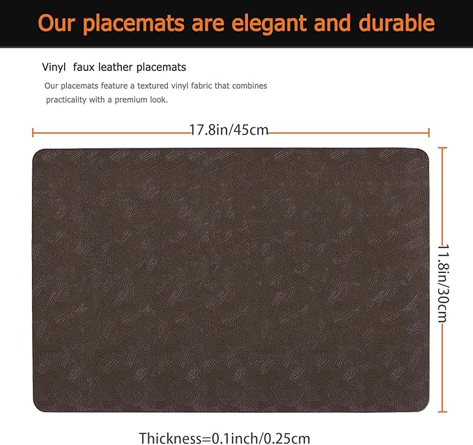 Vinyl Placemats Set of 8 Faux Leather 100% Waterproof Wipeable Washable Place Mats Heat Resistant Easy Clean Non-Slip Table Mats for Indoor Outdoor. (8,Coffee)