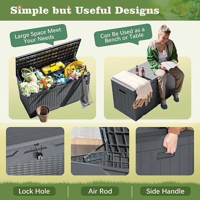 Flamaker Outdoor Storage Box 100 Gallon Waterproof Resin Deck Box Delivery Box with Air Rod Indoor Outdoor Lockable Storage Bench for Patio Cushions, Tools, Pool Accessories (Gray)