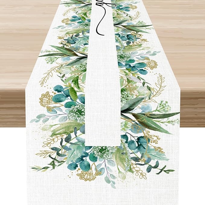 Farmhouse Table Runner, Green Gold Eucalyptus Spring Seasonal Plants Rustic Country Cafe Coffee Table Center Decor for Home Kitchen Dining Patio Indoor Outdoor Table Decorations, 13"x36" Inch