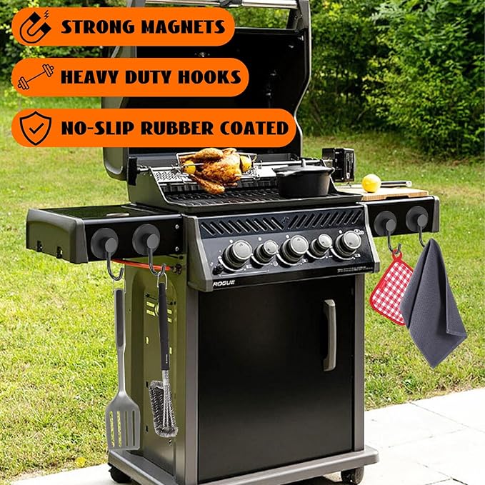 Strong Magnetic Grill Hooks, 2 Pack Magnetic Hooks for Grills Heavy Duty, Outdoor Grill Accessories Magnetic Hooks for Barbecue Tool, Utensils, Refrigerator, Kitchen