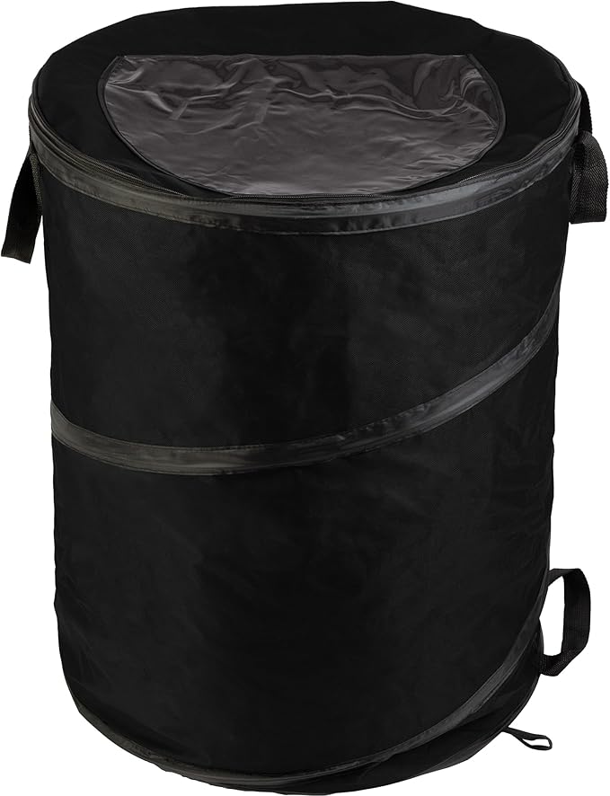 Collapsible Trash Can - 46-Gallon Garbage Can Outdoor Bin with 3 Stakes for RV, Camping, Storage, Recycling, or Yard Waste by Wakeman Outdoors (Black)