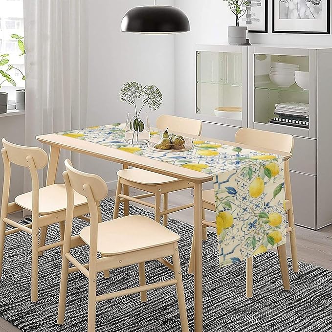 Vintage Lemon Table Runner, Watercolor Yellow Lemons Blue Tiles Spring Summer Seasonal Kitchen Dining Table Decoration for Indoor Outdoor Party, 13x90inch