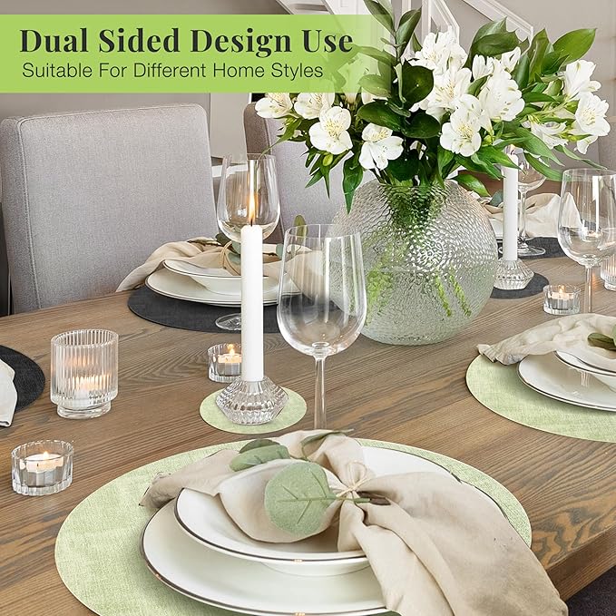 13-Inch Faux Leather Round Placemats Set of 6, Waterproof Anti-Slip Dual Sided Place mats, Heat Resistant Washable Table Mats with Coaster, Suitable for Indoor & Outdoor (6, Black Light Green)