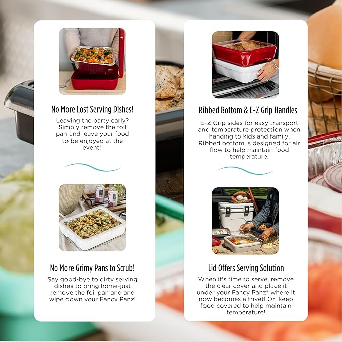 Fancy Panz - Charcoal Classic Aluminum Foil Pan Carrier with Lid - Elevated Food Serving Tray - Portable Casserole Carrier with Lid - Made in The USA Hosting Essentials