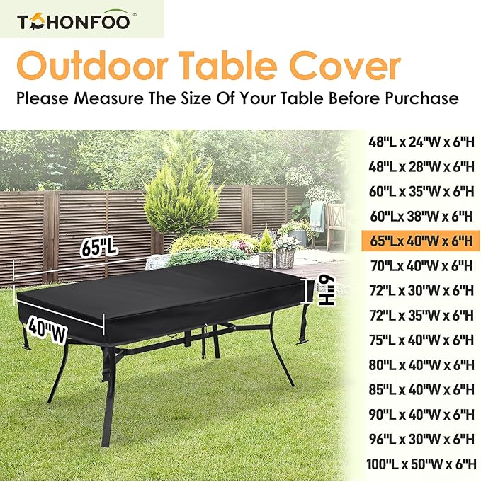 TOHONFOO Rectangular Patio Table Cover - Waterproof Anti-UV Outdoor Dining Table Cover - Outdoor Patio Furniture Cover 65" L x 40" W x 6" H, Black