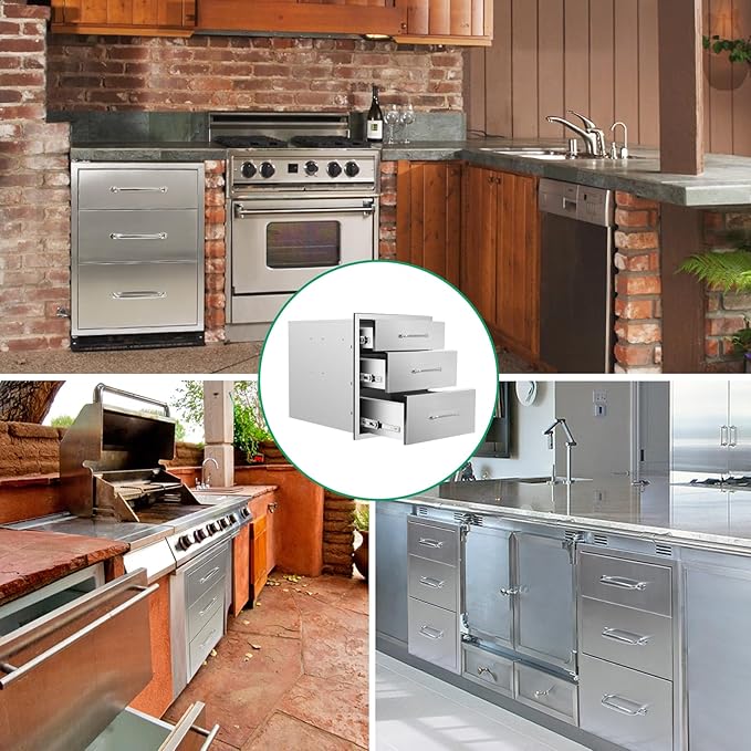 Outdoor Kitchen Drawers 18" W x 21" H x 23" D Stainless Steel Triple Drawers with Ergonomic Handle for BBQ Island, Patio Grill Station & Outdoor Kitchen Cabinets