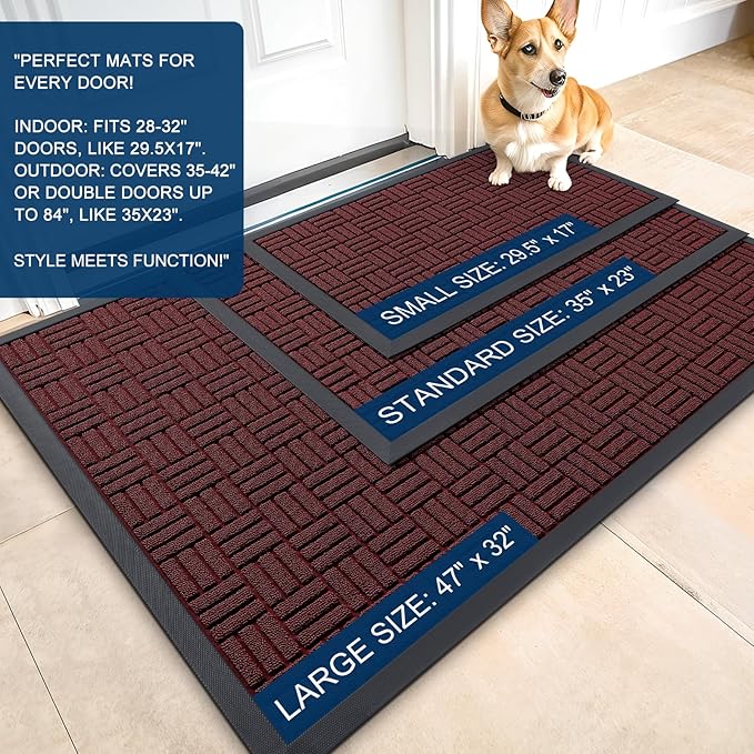 OLANLY Front Door Mat Outside Entrance 47x17, Absorbent, Heavy Duty Sturdy Natural Rubber Doormat Indoor Outdoor, Non-Slip, Stain and Fade Resistant, Low Profile Floor Mat for Entryway, Burgundy