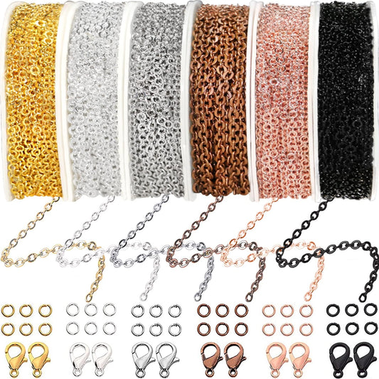 Jishi 60ft Jewelry Necklace Chains 2mm Jewelry Chain Links for Making Bracelets Earrings DIY Craft Supplies Findings, 6-Colors Gold Silver Copper Plated Metal Cable Rolo Link Chain Rolls Bulk