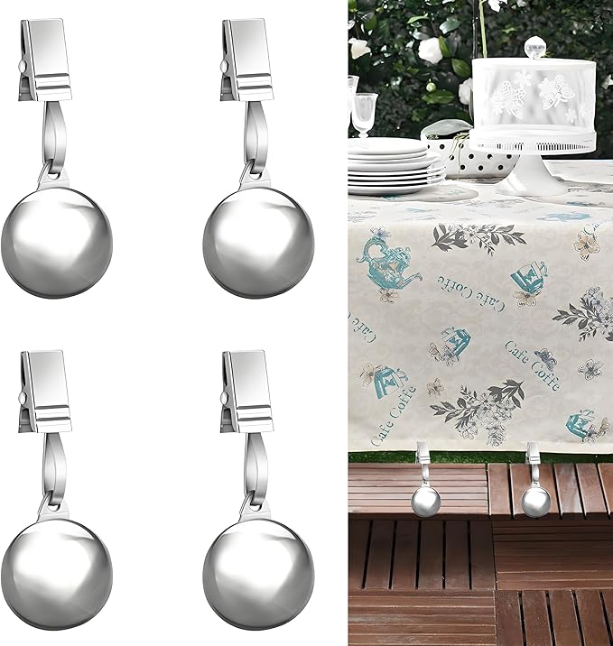 4 Pack Heavy Duty Tablecloth Weights, Stainless Steel Balls with Metal Tablecloth Clips for Outdoor Tables, Curtains & Christmas Flag, Add 9.6oz Weights for Holiday Dinner Party or Outdoor Picnic