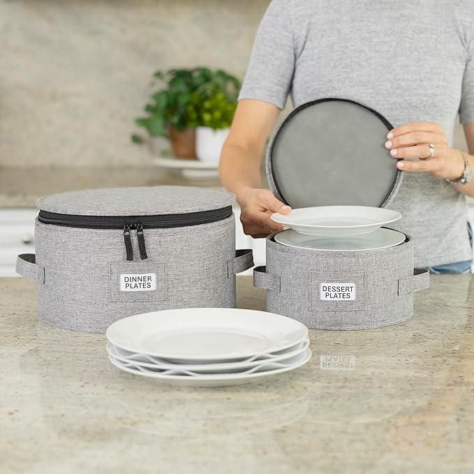 China Storage Case for Bowls or Dessert Plates - Fit plates up to 8" W - Includes 12 Felt Dividers - Hard Shell and Stackable with Fully Padded Interior